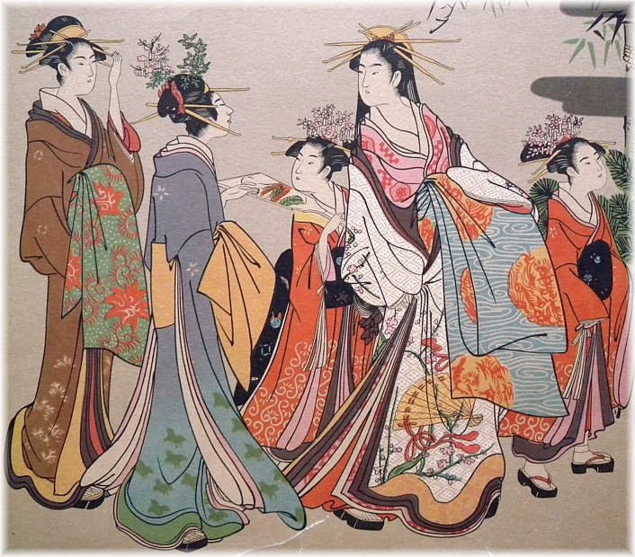 японская гравюра укиё-э Ойран и майко на прогулке