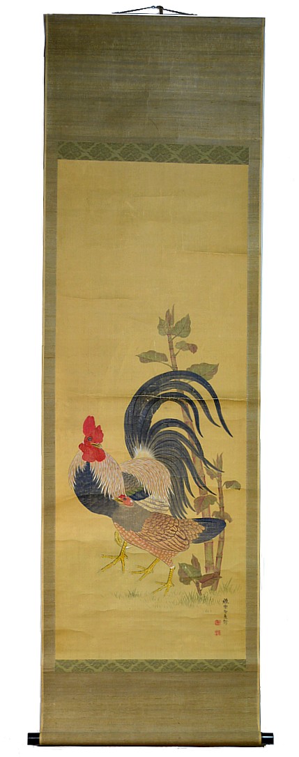 старинный японский рисунок на свитке Птицы на заднем дворе, конец эпохи Эдо