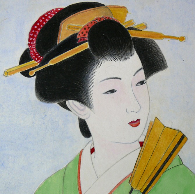 японская картина в раме Дама с веером, Наттори Шусэн, 1927 г.