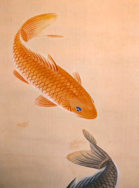 японский свиток Карпы в пруду, деталь рисунка