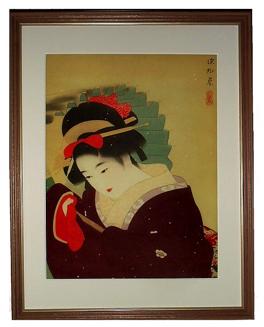 японская гравюра в стиле шинханга Дама с зонтиком, 1930-е гг.