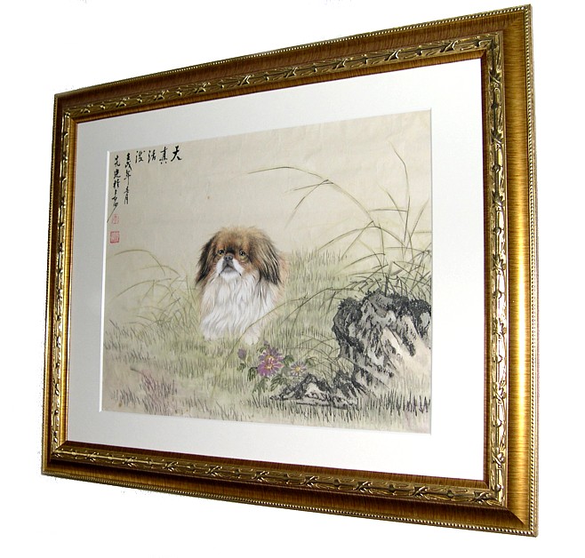 японский хин в траве, японская антикварная картина в раме