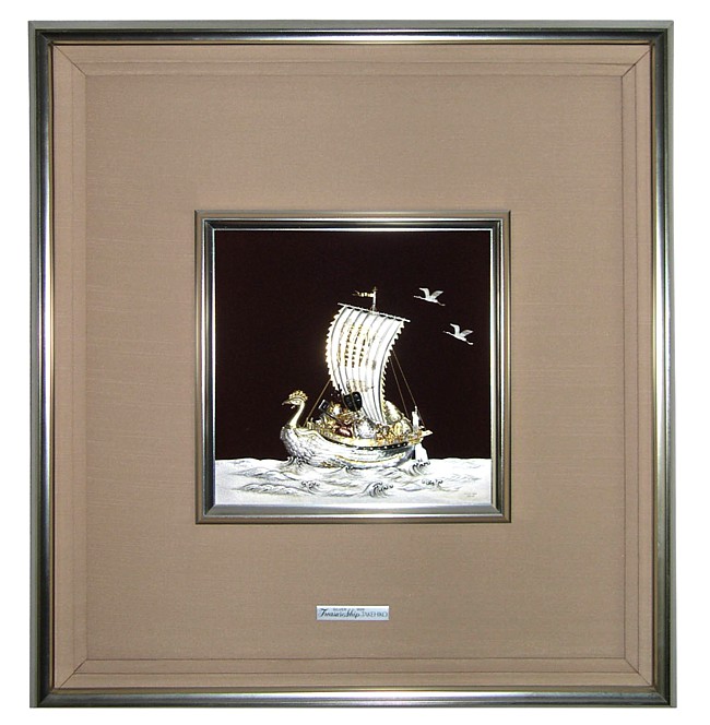 японская картина-рельеф из чистого серебра Корабль Сокровищ