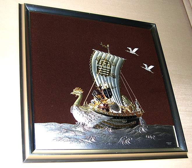 японская картина-рельеф из чистого серебра Корабль Сокровищ