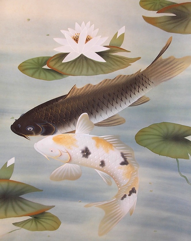 японский рисунок на свитке Карпы в пруду. Деталь