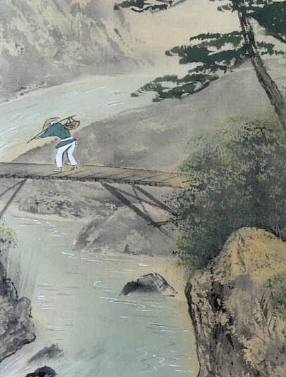 японская акварельный рисунок Горный  Пейзаж с мостиком, деталь