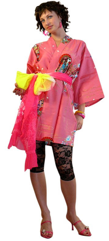 японское кимоно мини и мягкий пояс оби в виде длинного шарфа