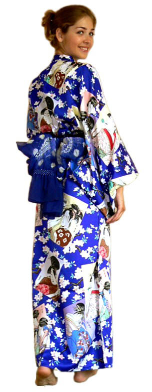 японское кимоно с рисунком в виде старинных гравюр укиё-э 
