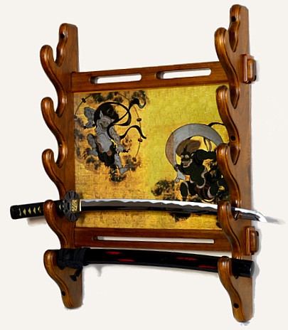 японская резная настенная подставка для пяти самурайскох мечей