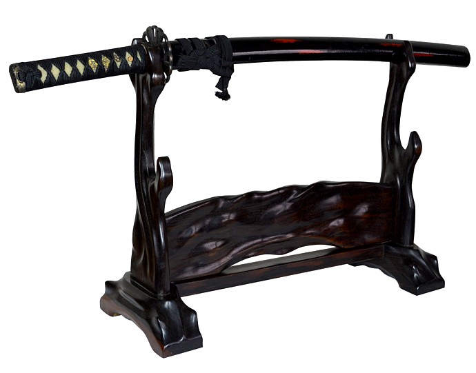 японская резная подставка для 1-2 мечей из эбенового дерева