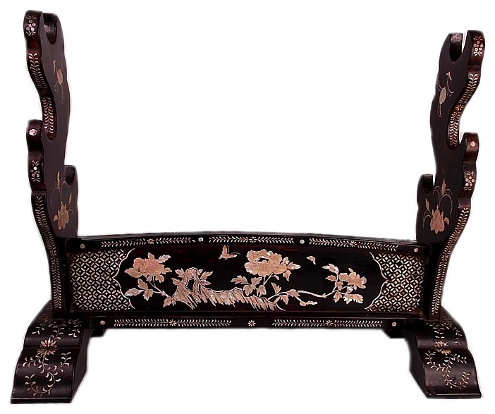 японская антикварная резная инкрустированная подставка для самурайских мечей