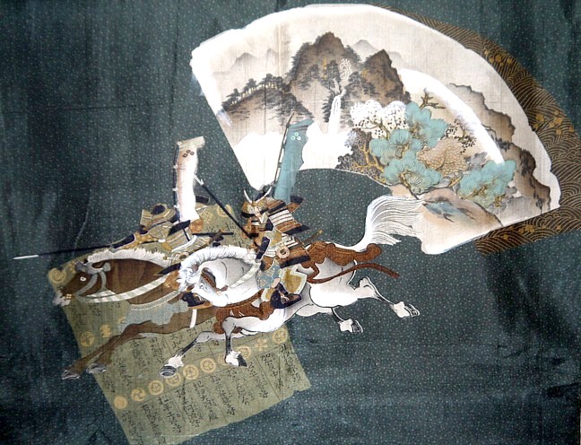 японский рисунок на самурайскую тему на подкладке мужского шелкового хаори
